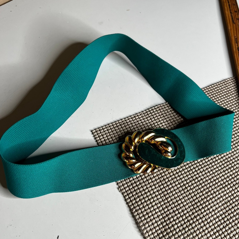Vintage 80s Teal Green Elastic Cinch Belt Gold Tone Enamel Swirl Buckle Wide 28"